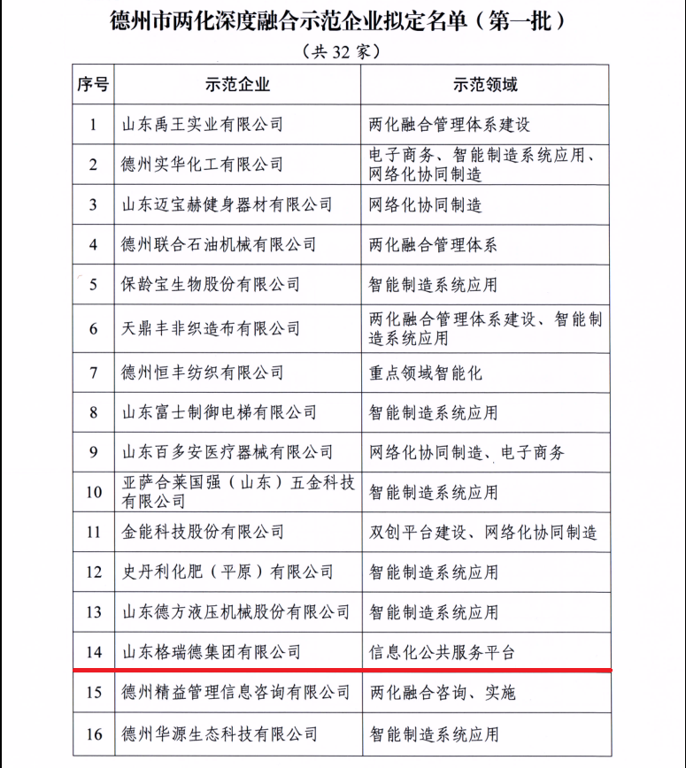 GRAD山东格瑞德集团有限公司入围德州市两化深度融合示范企业